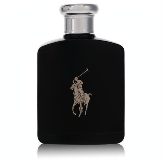 Polo Black by Ralph Lauren 4.2 oz men's EDT tester. Elegant black bottle, silver cap, and iconic polo player logo.