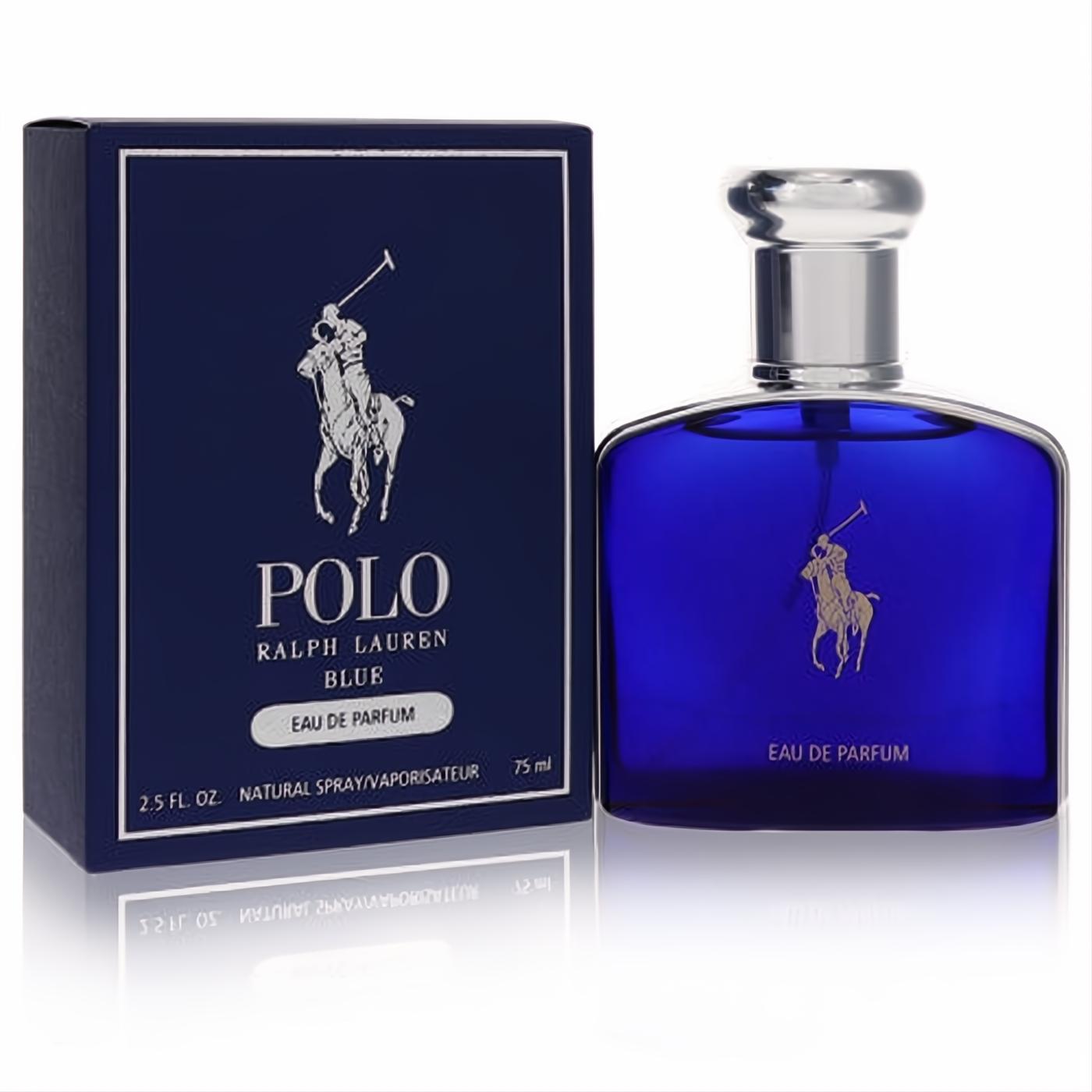 Polo Blue Ralph Lauren Eau De Parfum 2.5 oz for men. Vibrant blue bottle with silver cap, gold logo, and matching box.