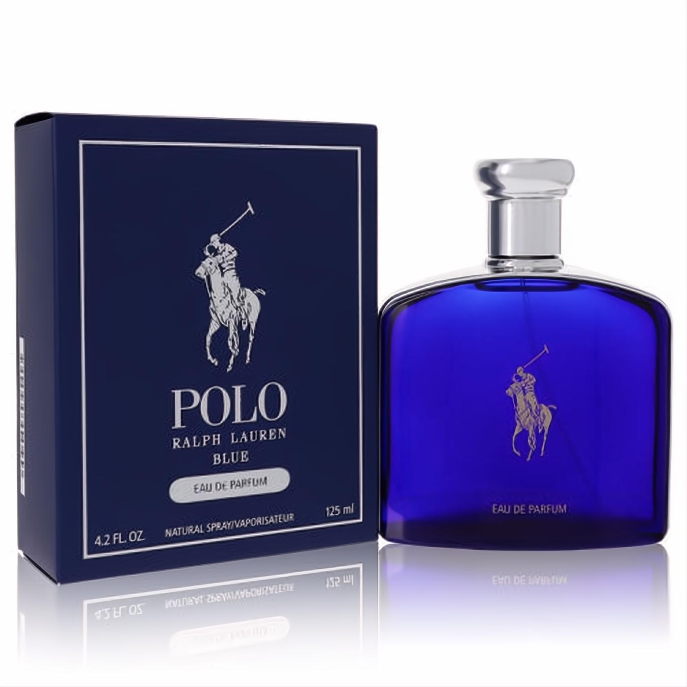 Sophisticated Polo Blue Ralph Lauren 4.2 oz Eau De Parfum spray in a dark blue glass bottle with silver cap, alongside its matching box.