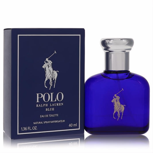 Polo Blue by Ralph Lauren men's Eau De Toilette. 1.36 oz blue bottle with silver cap, gold polo logo, and elegant blue box.