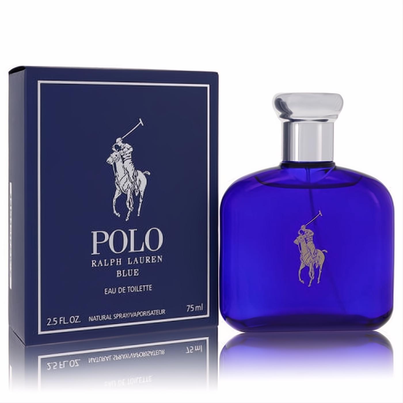 Polo Blue by Ralph Lauren 2.5 oz EDT. Vibrant blue bottle with silver cap and gold polo logo, displayed with its elegant box.