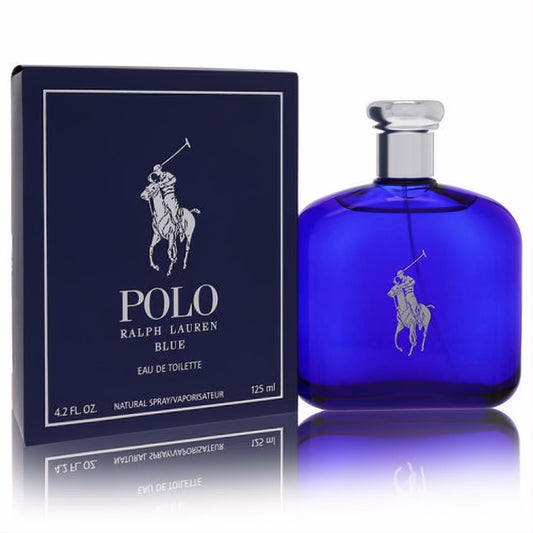 Polo Blue by Ralph Lauren 4.2 oz EDT spray. Elegant deep blue glass bottle & matching box with iconic polo logo.