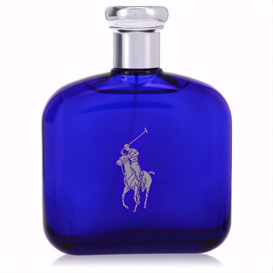 Ralph Lauren Polo Blue men's 4.2 oz EDT. Iconic deep blue glass bottle, sleek silver cap, and classic polo player logo.