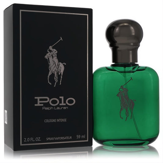 Vibrant green glass bottle of Polo Cologne Intense by Ralph Lauren, 2 oz, with a dark metallic cap and sleek black box featuring the iconic logo.