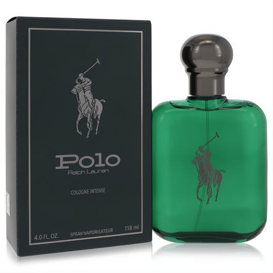 Ralph Lauren Polo Cologne Intense 4 oz men's fragrance. Vibrant green glass bottle with gunmetal cap and dark green box.