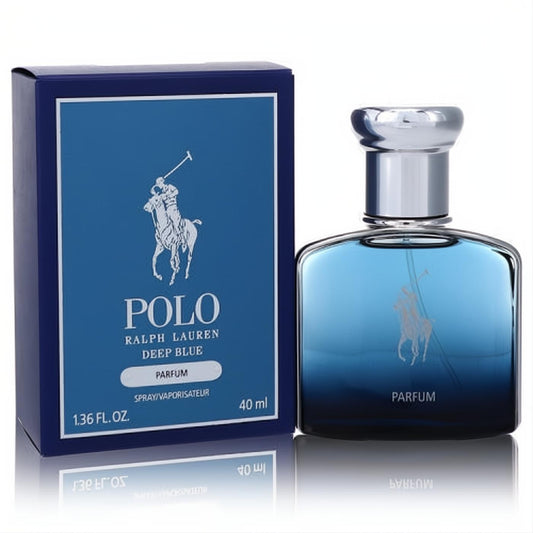 Polo Deep Blue Parfum 1.36 oz: elegant deep blue glass bottle with silver cap and iconic white polo logo, beside its matching box.