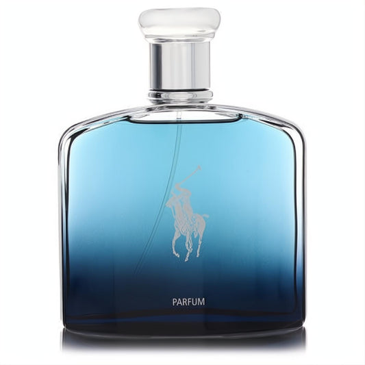 Ralph Lauren Polo Deep Blue Parfum for men. Striking ombre blue glass bottle with silver cap and iconic polo logo.