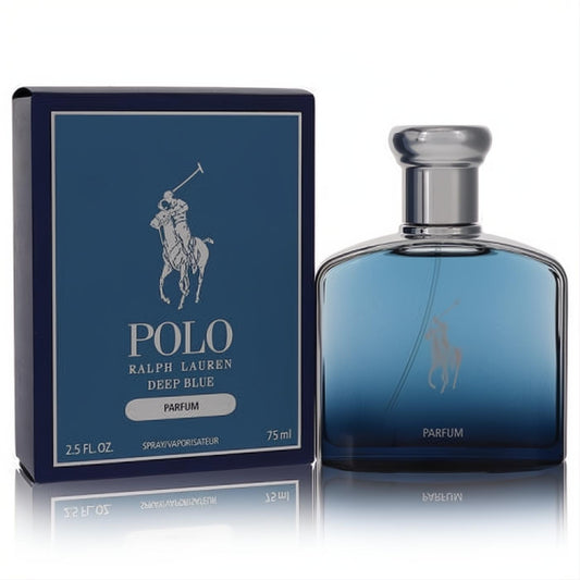 Polo Deep Blue Ralph Lauren Parfum, 2.5 oz men's fragrance. Sleek blue bottle with silver cap, beside its dark blue box.