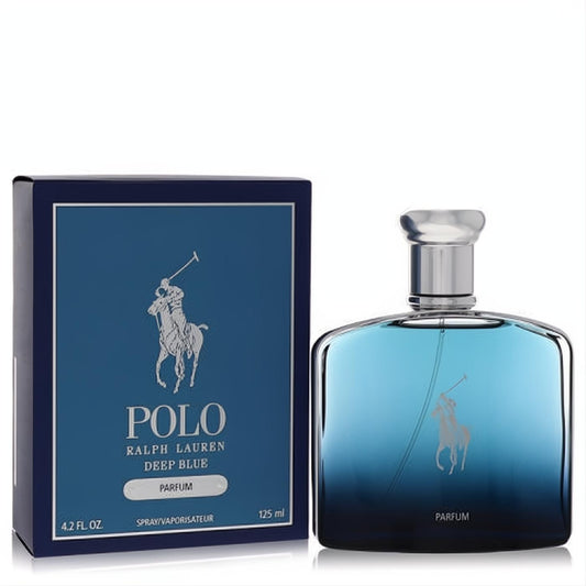 Polo Deep Blue Ralph Lauren 4.2 oz men's parfum. Sleek blue gradient glass bottle with silver cap and elegant dark blue box.
