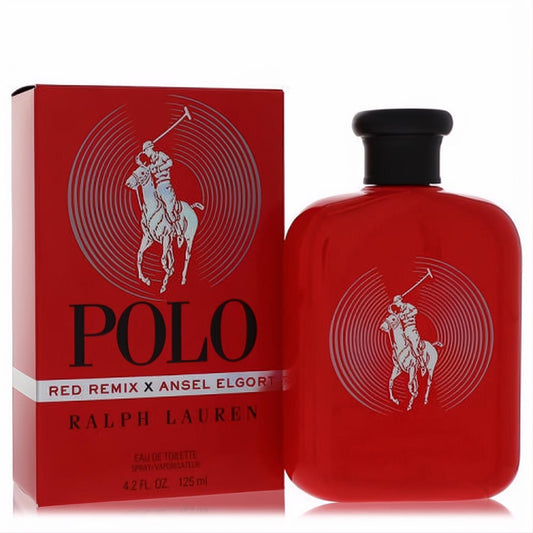 Polo Red Remix 4.2 oz EDT for men. Vibrant red bottle with sleek black cap and iconic silver Polo logo, presented in a matching red box.