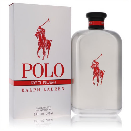Polo Red Rush 6.7 oz EDT spray: sleek clear bottle, black cap, bold red Polo logo. Presented with its crisp white box.