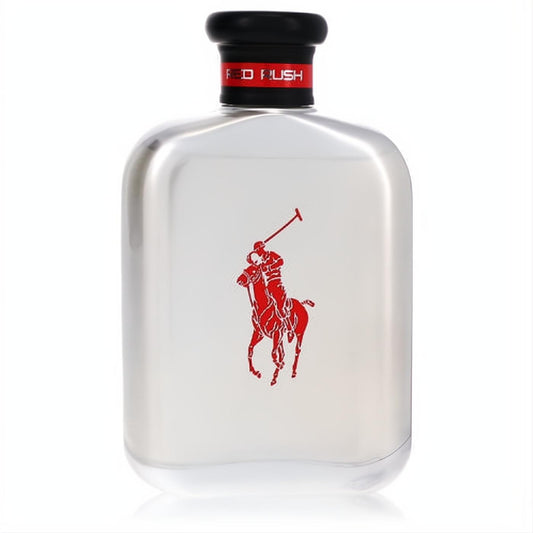 Polo Red Rush 4.2 oz men's EDT tester. Clear glass bottle, bold red polo player logo, and sleek black cap with red 'RED RUSH' detail.