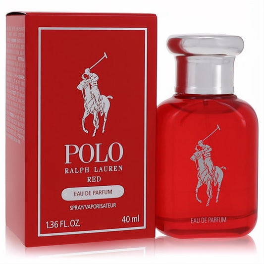 Bold Polo Red by Ralph Lauren Eau De Parfum 1.36 oz spray in sleek red glass bottle with iconic silver rider logo and matching box.