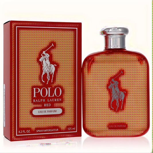 Iconic Polo Red Ralph Lauren Eau De Parfum 4.2 oz spray. Bold red bottle with silver cap and textured matching box.