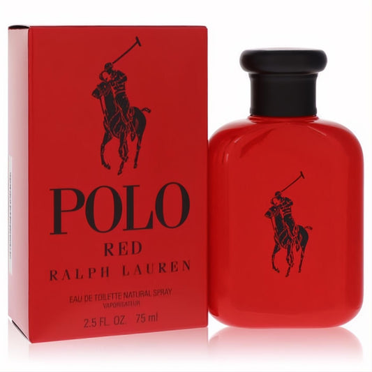 Bold red Polo Red Ralph Lauren 2.5 oz men's Eau De Toilette spray, with sleek bottle and iconic polo logo.