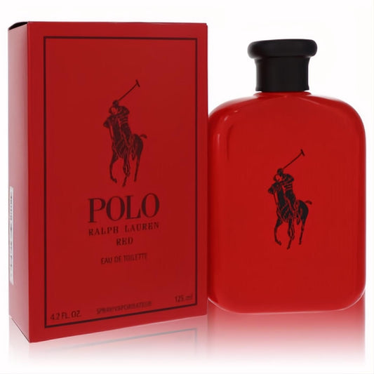 Bold red Polo Red Ralph Lauren 4.2 oz Eau De Toilette spray bottle and matching box with iconic black polo player logo.