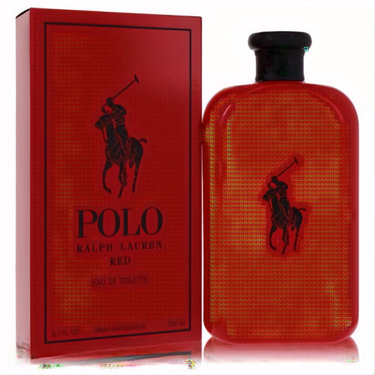 Vibrant Polo Red Ralph Lauren 6.7 oz EDT spray. Bold red bottle and matching box with iconic black polo player logo.