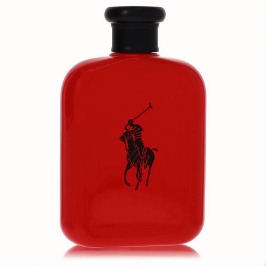 Bold red Polo Red by Ralph Lauren 4.2 oz EDT tester bottle, with a sleek design, black cap, and iconic polo logo.