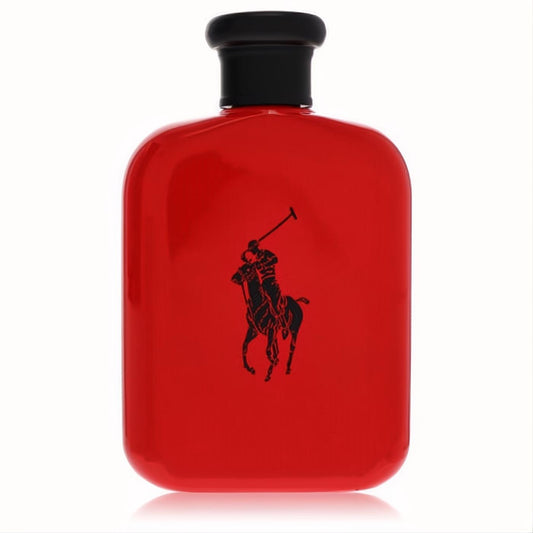 Bold red Ralph Lauren Polo Red men's Eau De Toilette, 4.2 oz, featuring the iconic black polo player logo and sleek black cap.