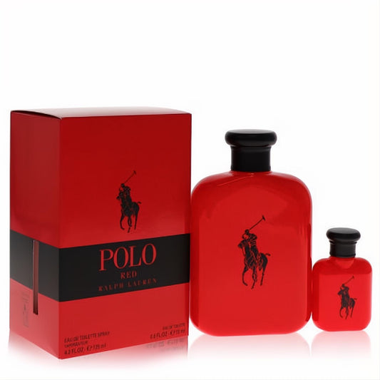 Polo Red Ralph Lauren men's cologne gift set: vibrant red 4.2 oz EDT spray and sleek 0.5 oz mini bottle.