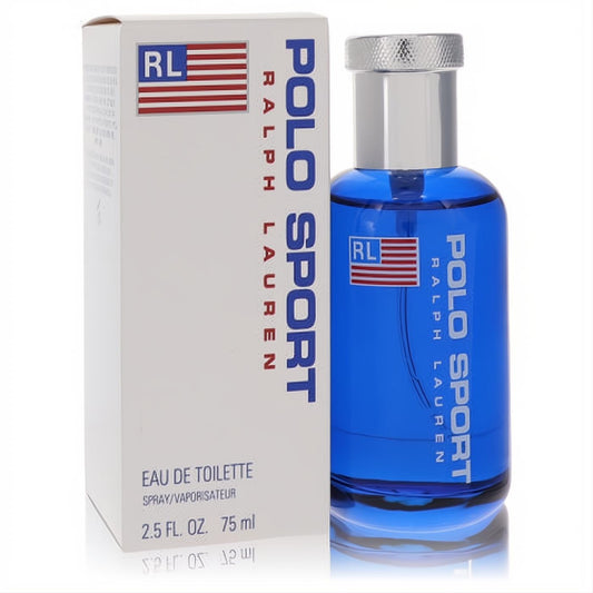 Vibrant blue Polo Sport Ralph Lauren 2.5 oz Eau De Toilette spray bottle with a sleek silver cap, presented with its crisp white box.