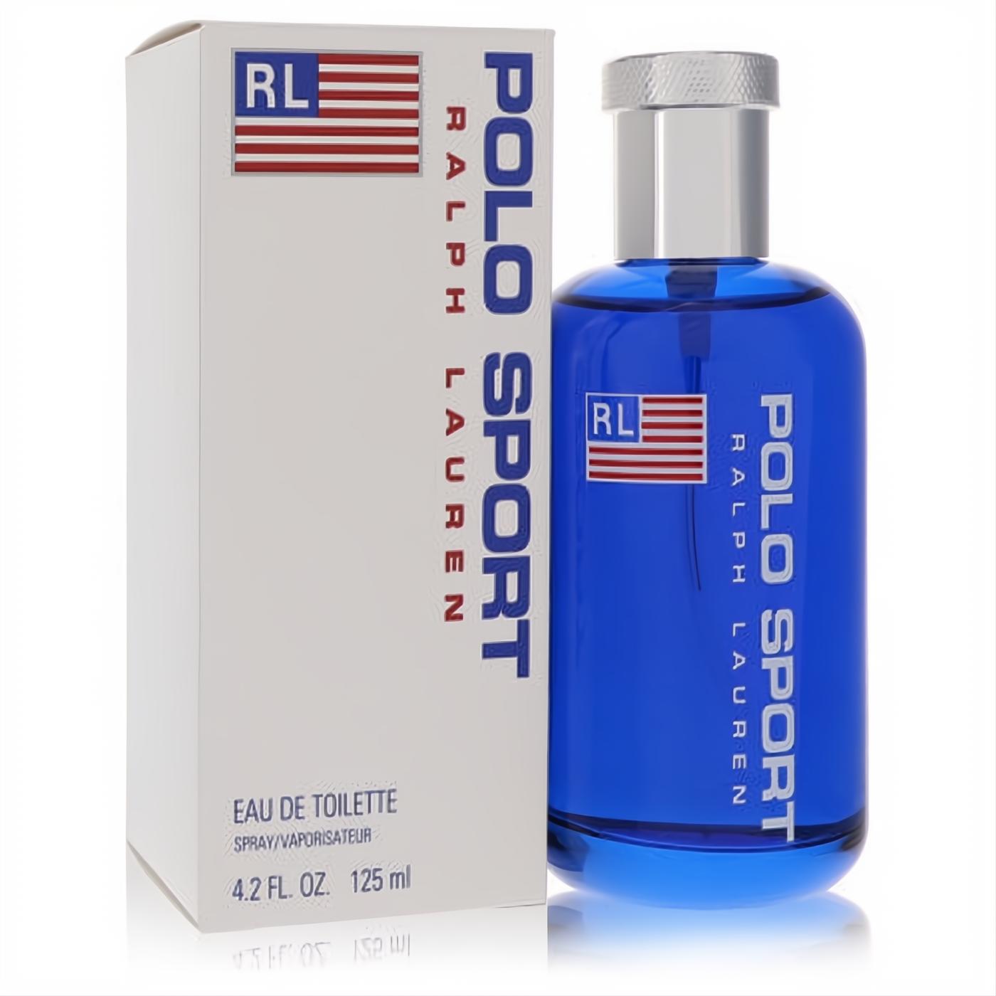 Vibrant blue Polo Sport Ralph Lauren 4.2 oz EDT spray bottle with silver cap and RL flag logo, beside its white box.