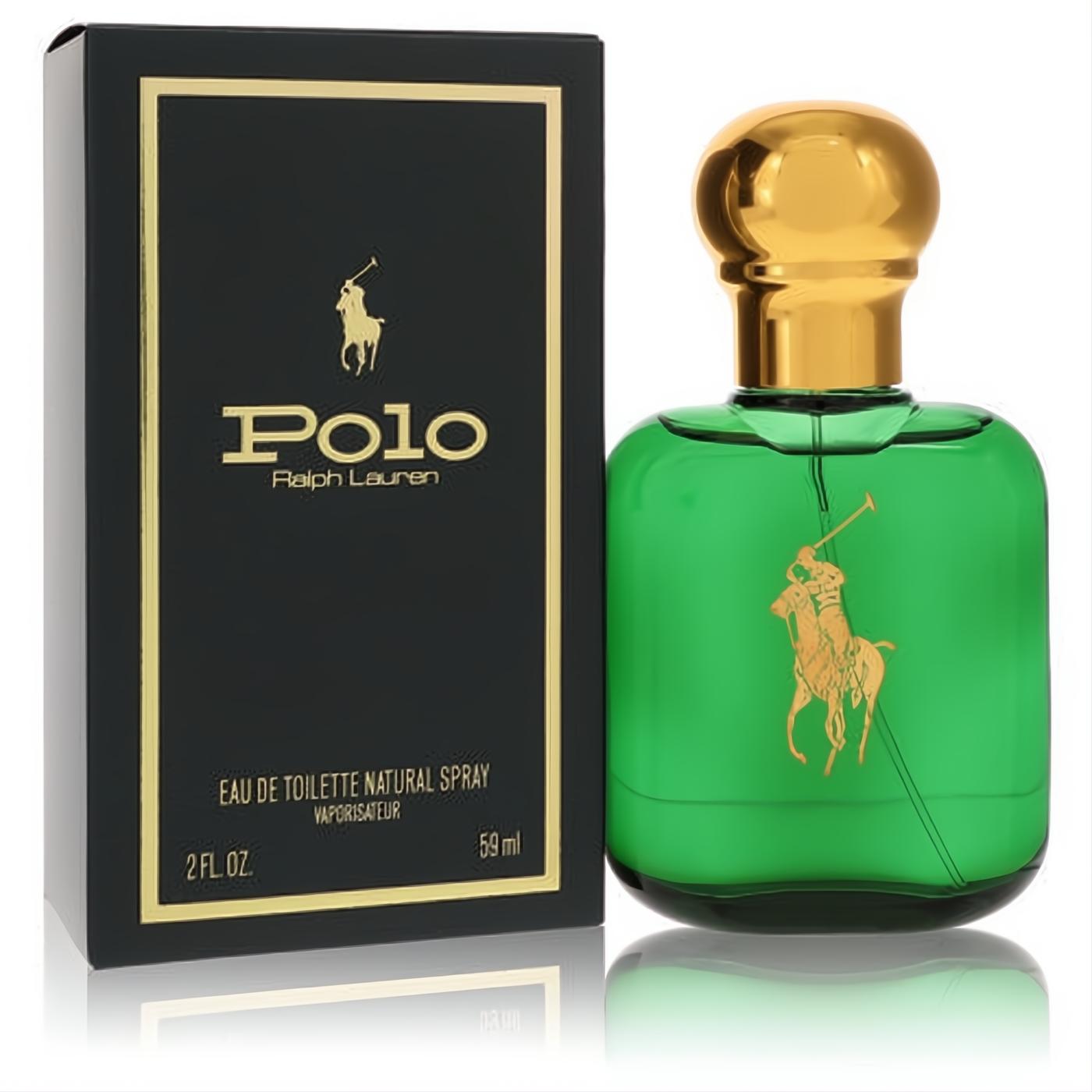 Iconic Polo Ralph Lauren men's 2 oz EDT spray in a classic green bottle with a gold cap and matching black & gold box.
