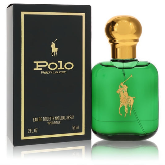 Iconic Polo Ralph Lauren men's 2 oz EDT spray in a classic green bottle with a gold cap and matching black & gold box.
