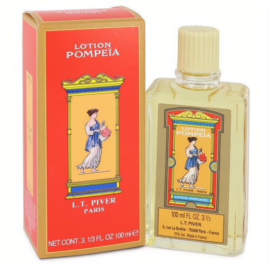 Pompeia by Piver 3.3 oz women's cologne splash. Clear glass bottle, yellow liquid, ribbed cap, and elegant red & gold box with classic art.