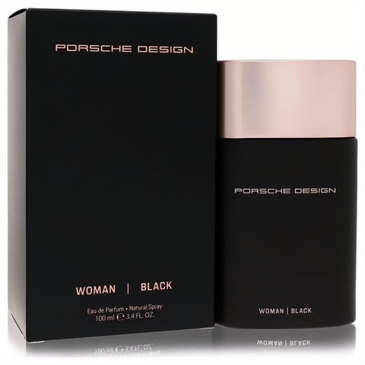 Porsche Design Black 3.4 oz Eau de Parfum for women. Sleek matte black bottle with a chic rose gold cap.