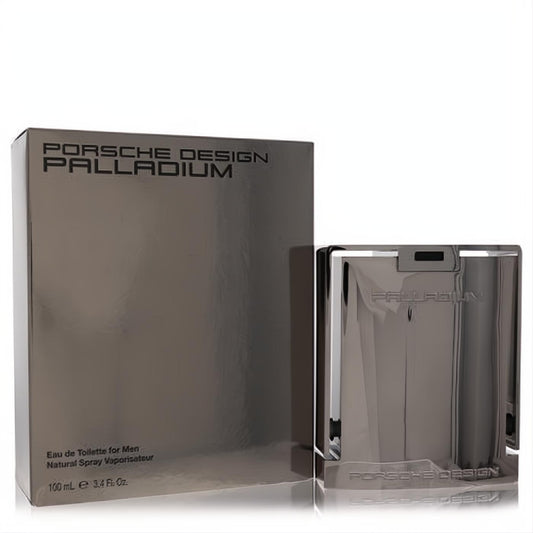 Porsche Design Palladium 3.4 oz men's fragrance. Distinctive metallic silver bottle and box, reflecting its bold, modern aesthetic.
