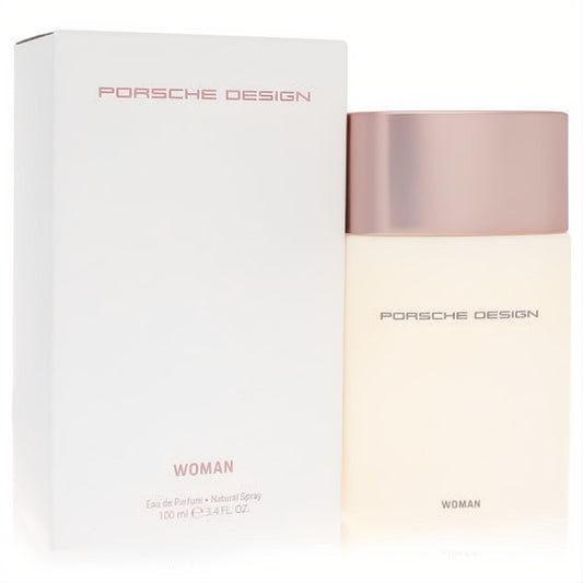 Porsche Design Woman Eau de Parfum 3.4 oz. Sleek cream bottle with a luxurious rose gold cap, displayed with its elegant white box.