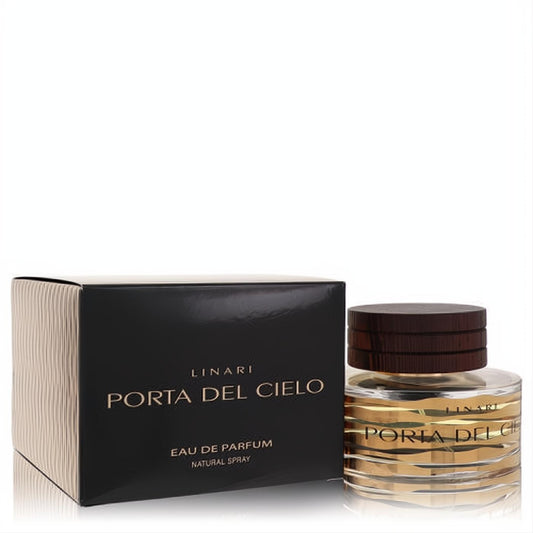 Discover Linari Porta Del Cielo 3.4 oz Eau De Parfum. Elegant clear glass bottle, dark wood cap, and luxurious black & gold textured box.