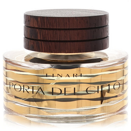 Luxurious Linari Porta Del Cielo EDP spray. Clear glass bottle with captivating golden liquid, rich dark wood cap, and elegant wavy gold bands.