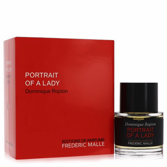Timeless Frederic Malle Portrait of A Lady EDP. Clear glass bottle with golden fragrance, sleek black cap, and iconic red box.