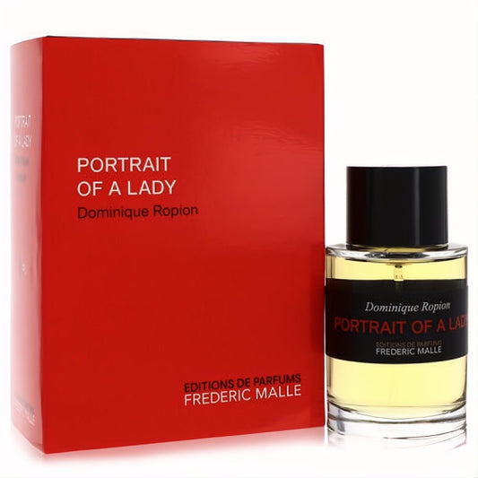 Luxurious Frederic Malle Portrait of A Lady 3.4 oz EDP. Clear glass bottle, black cap, and bold red packaging.