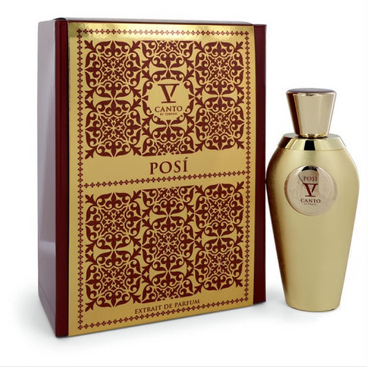 Elevate your senses with Posi V by V Canto: elegant gold Extrait De Parfum bottle & ornate red/gold box. Unisex.