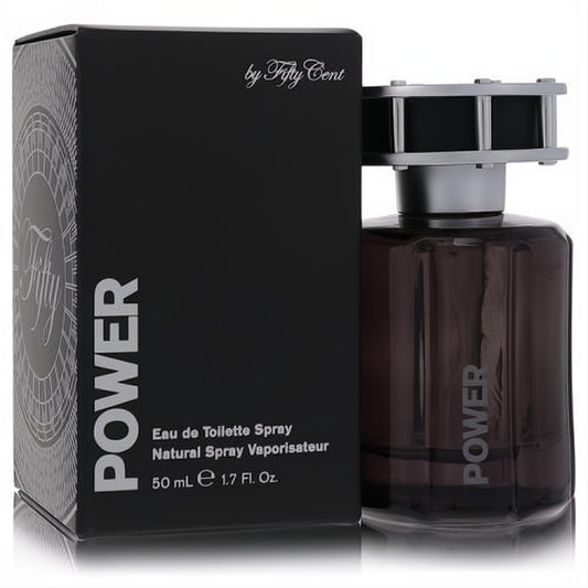 Bold Power by 50 Cent 1.7 oz EDT spray. Dark faceted bottle with a unique silver gear-like cap and sleek black box.