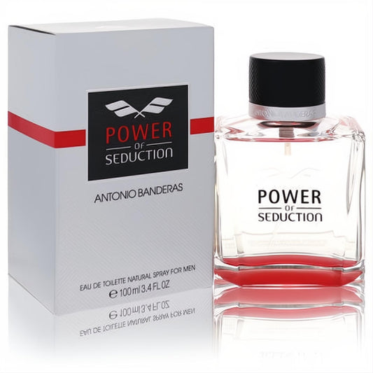 Antonio Banderas Power of Seduction 3.4 oz EDT. Clear glass bottle with vibrant red bottom, sleek black cap, and branded white box.