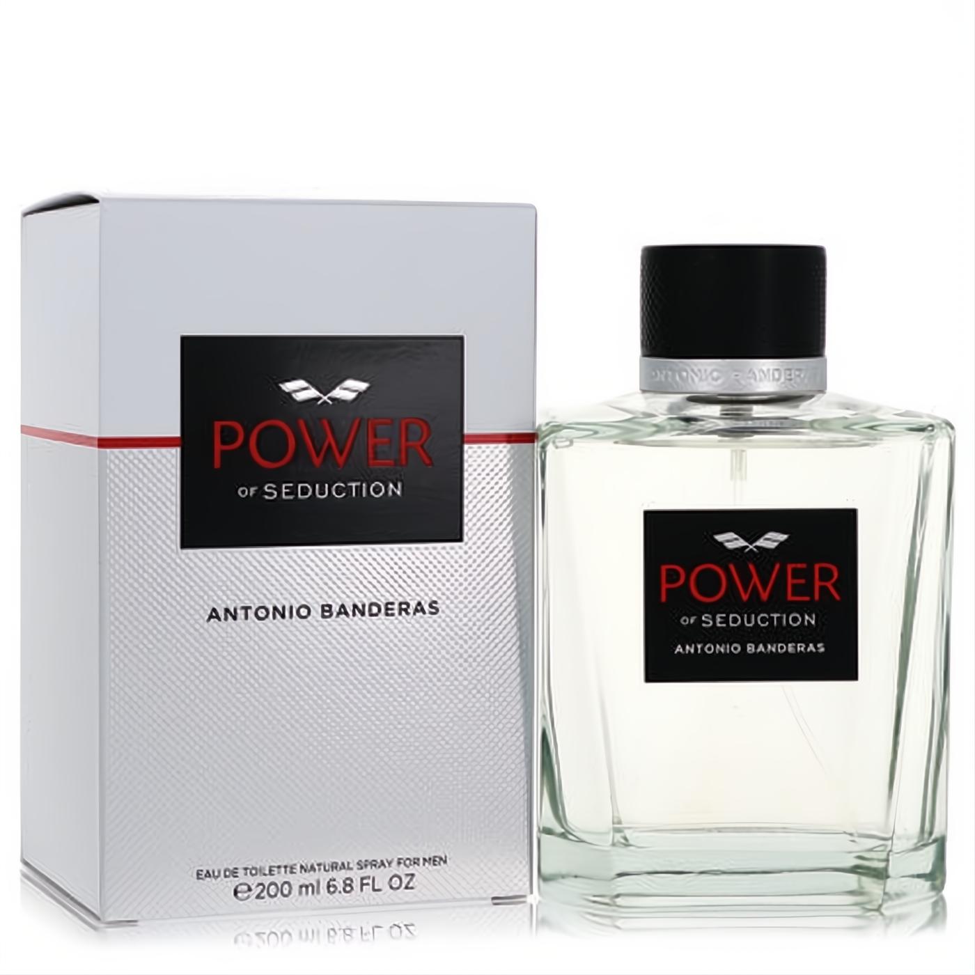Antonio Banderas Power of Seduction 6.8 oz EDT. Sleek clear glass bottle with black cap, bold red/black label, displayed with its elegant white box.