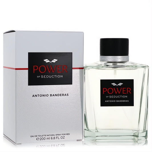 Antonio Banderas Power of Seduction 6.8 oz EDT. Sleek clear glass bottle with black cap, bold red/black label, displayed with its elegant white box.