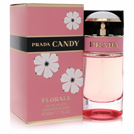 Prada Candy Florale 1.7 oz EDT. Luxurious clear glass bottle with pink liquid, gold accents, and a vibrant pink floral box.