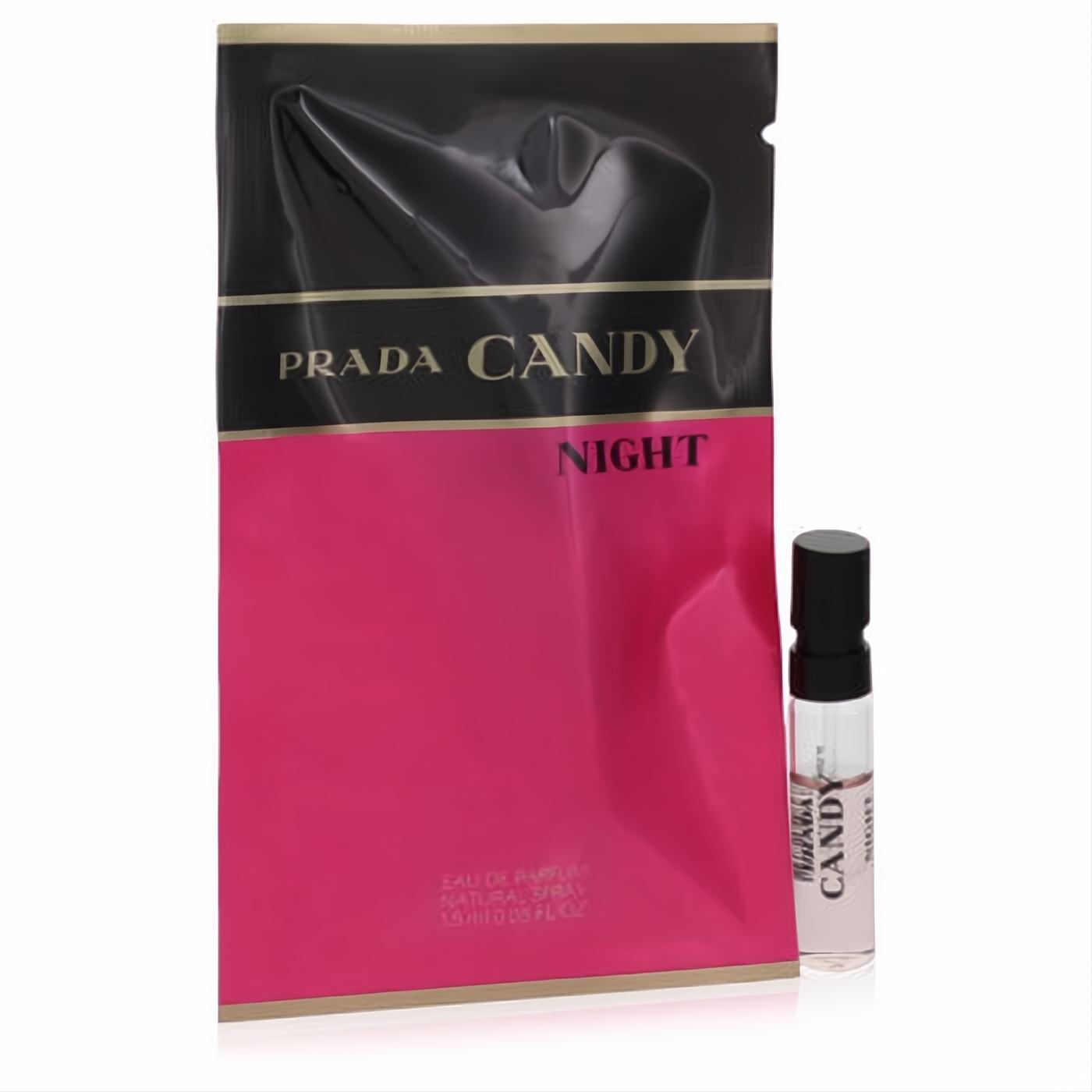 Discover Prada Candy Night .05 oz women's perfume sample. Chic black & hot pink packet, clear glass vial.