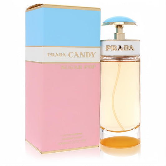Prada Candy Sugar Pop 2.7 oz EDP. Clear bottle with golden liquid, iconic blue cap, and a vibrant pink & blue box.