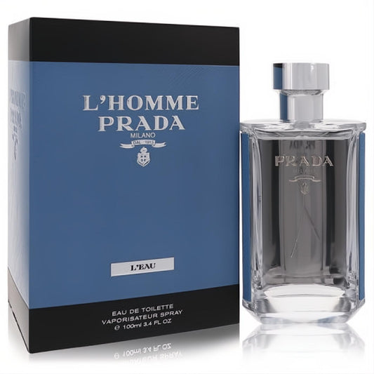 Elevate your style with Prada L'Homme L'eau 3.4 oz EDT. Clear glass bottle, silver cap, blue accents, and sleek blue box.