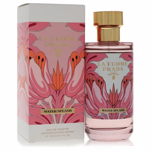 Prada La Femme Water Splash 5.1 oz EDT. Clear bottle with soft pink fragrance, luxurious gold cap, and vibrant floral box design.
