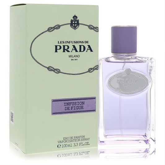 Discover Prada Infusion De Figue 3.3 oz unisex EDP spray. Features a luxurious clear bottle with vibrant purple liquid and a chic green box.