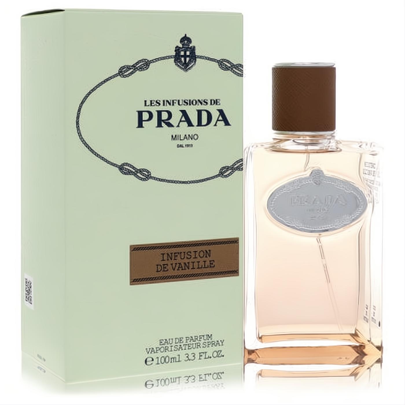 Prada Infusion De Vanille 3.3 oz EDP. Clear glass bottle with warm peach liquid, brown cap, and elegant light green box.