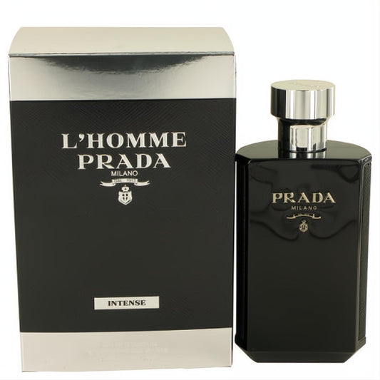 Prada L'homme Intense 3.4 oz men's Eau de Parfum. Bold black bottle, silver cap, and sophisticated black & silver box.