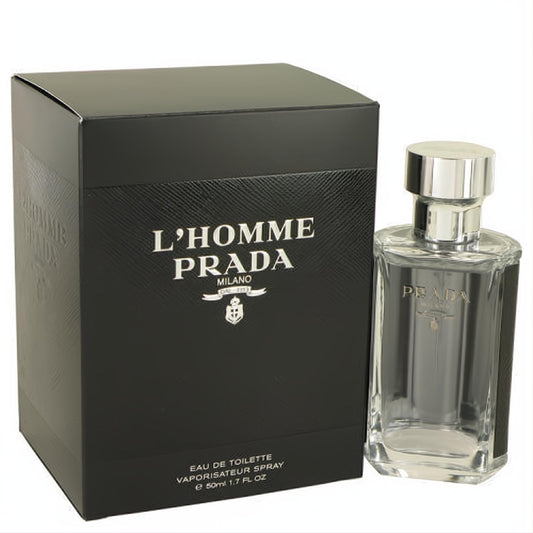 Prada L'homme 1.7 oz men's Eau De Toilette: elegant black box and clear glass bottle with a silver cap.
